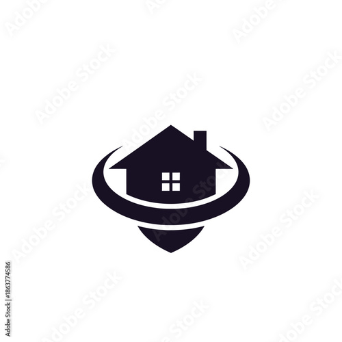A stylized illustration of a house surrounded by an elliptical shape