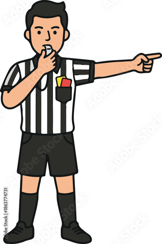 Vector illustration of a soccer referee blowing a whistle and pointing with his hand, wearing a black and white striped uniform with red and yellow cards in his pocket.