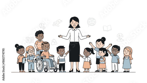 Diverse group of children with teacher standing together in classroom setting outdoors