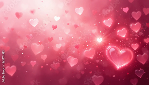 Romantic pink bokeh hearts floating on a soft gradient background with love symbols and warm