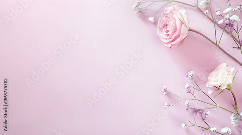 Pink ranunculus and baby's breath flowers flat lay on pastel pink background with copy space