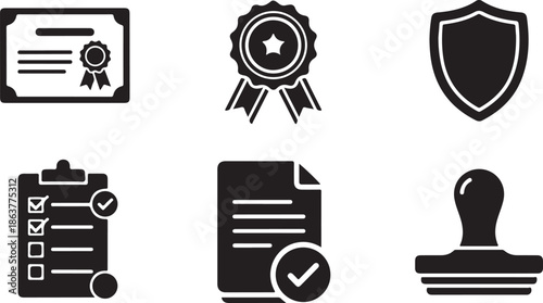 Quality assurance and verification icons set featuring certificate, shield, checklist, and stamp