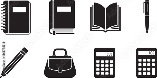 Essential academic and office supplies collection: a set of black silhouette icons for education and business