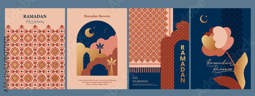  Islamic, oriental frame, silhouette, pattern. Geometric arabian backgrounds. Ramadan Kareem concept. Moon, stars, flower,  ornaments, patterns, calligraphic sign. Design for greeting card. 