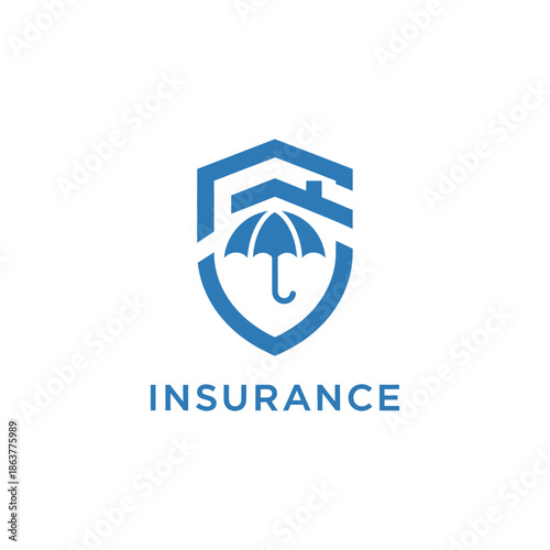 A shield with an umbrella inside, symbolizing protection and insurance, in a simple blue design on a white background
