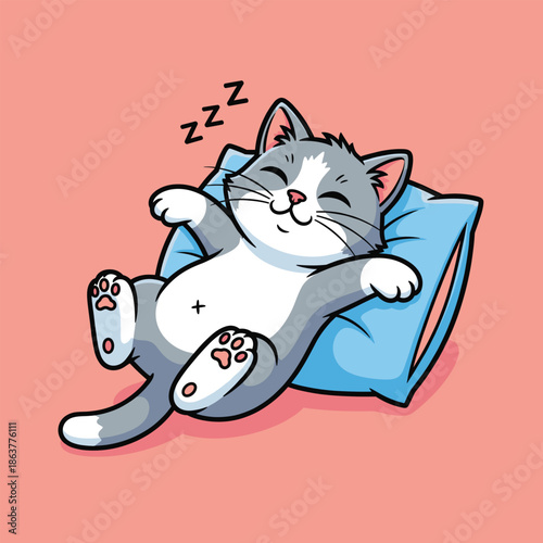 Cute Sleeping Cat on Pillow Cartoon Vector Illustration