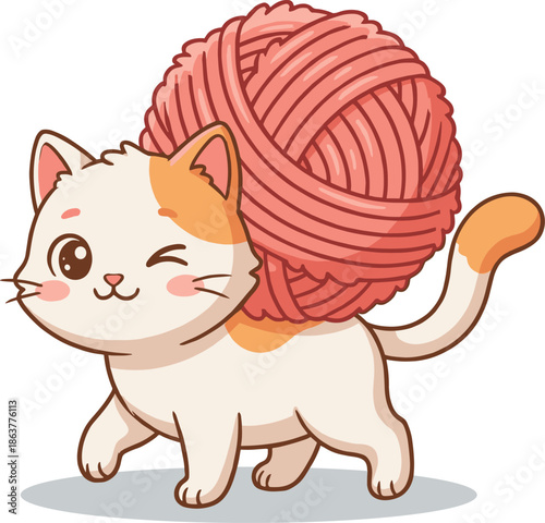 Cute Winking Kitten Carrying Big Yarn Ball – Kawaii Cat Vector Illustration