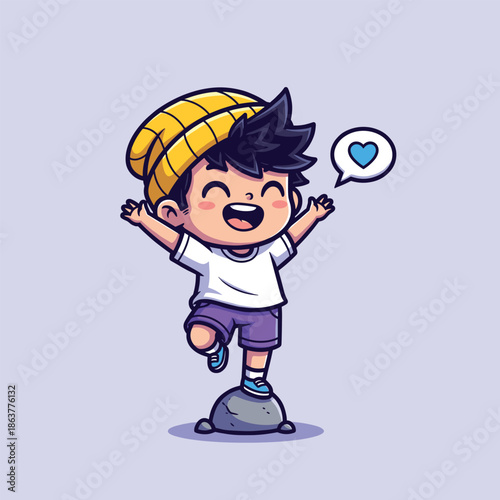 Cute Happy Little Boy Balancing on Rock Cartoon Vector Illustration