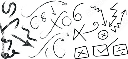 A collection of hand drawn arrows symbols and markings on a white background