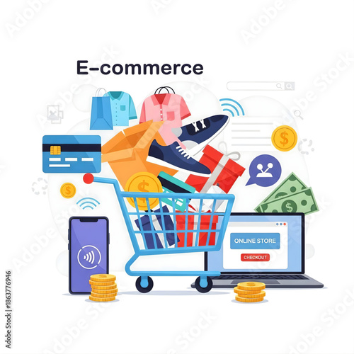 An e-commerce shopping cart bursting with products and digital payment methods.