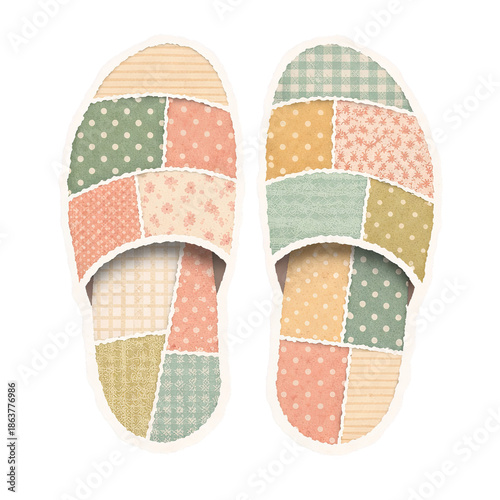 Paper collage illustration of slippers with patchwork pattern
