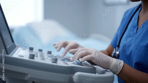 Focused ultrasound technician in blue scrubs operating an ultrasound machine in a hospital examination room, captured from chest‑down viewpoint emphasizing clinical professionalism and hygiene