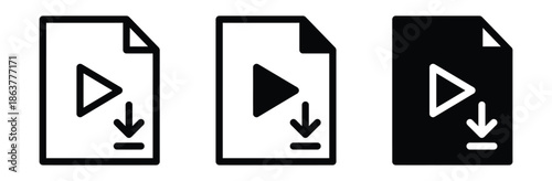 Video file download icons in black and white,Download vector icon, install symbol.Video download file icon, vector illustration, flat illustration for web site or mobile app isolated