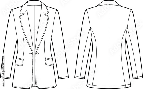 Women, classic, tailored, blazer, jacket, fashion, technical, flat, design, front, back, view, apparel, garment, illustration, cad, drawing, vector, clothing, template