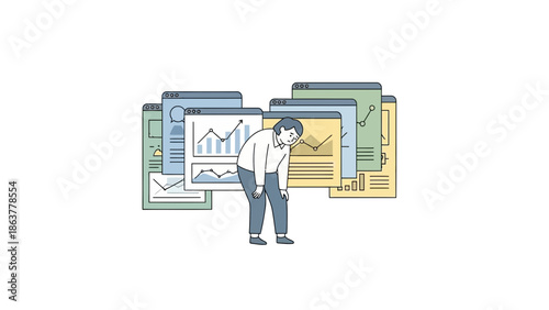 AI-generated conceptual illustration of small business owner overwhelmed by multiple artificial intelligence tool interfaces, technology overload and decision fatigue in modern digital workplace