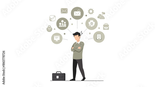 AI-generated conceptual illustration of solo startup founder overwhelmed by multiple business decisions, fatigue, responsibility pressure, and entrepreneurship stress concept