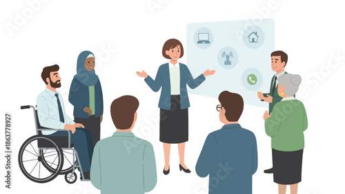AI-generated conceptual illustration of HR manager explaining remote work policy to diverse employees, inclusive workplace communication and modern human resources management concept