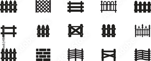 Collection of various black and white silhouette icons representing different fence styles