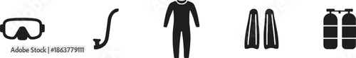 Diving gear icons set on transparent background