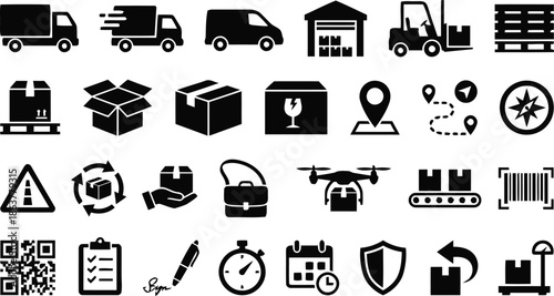 Logistics and delivery service icons on checkered background