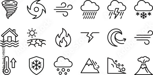 Natural disaster and weather icons set depicting various environmental hazards and meteorological conditions