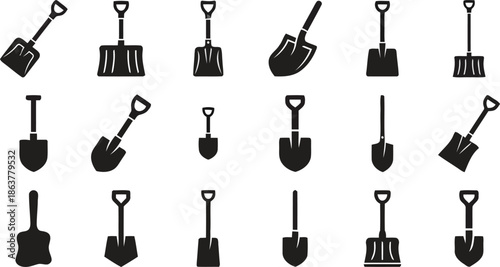 Set of shovel and spade icons for gardening and construction work tools
