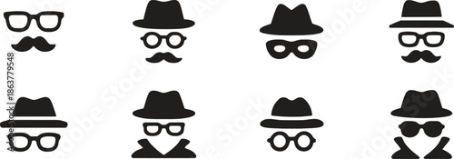 Set of spy and detective character icons with hats glasses and mustaches disguise elements
