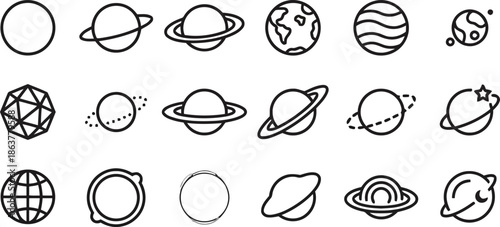 Space and astronomy planet icons set with orbits and celestial bodies
