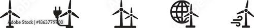 Wind turbine icons set illustrates renewable energy, power generation, and clean electricity