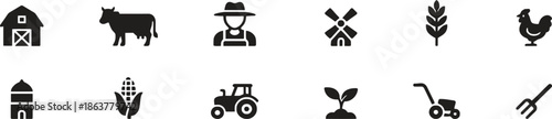 Agriculture and farming icons set depicting rural life harvest livestock and traditional agricultural industry elements