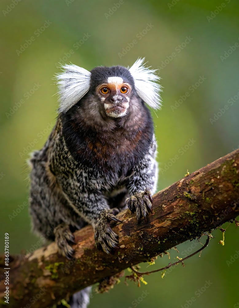 Fototapeta premium A small monkey with white ear tufts perches on a tree branch, looking at camera