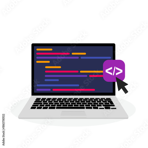 Computer laptop with code on screen. Software development. Website coding process.