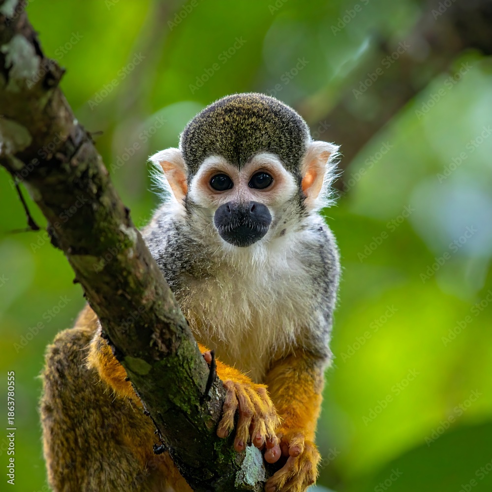 Fototapeta premium A small monkey, with wide eyes, perches on a tree branch, looking at the viewer