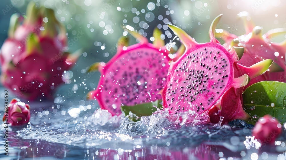 Fototapeta premium Fresh Dragon Fruit Slices Surrounded by Water Droplets with Backlight in a Vibrant Colorful Arrangement