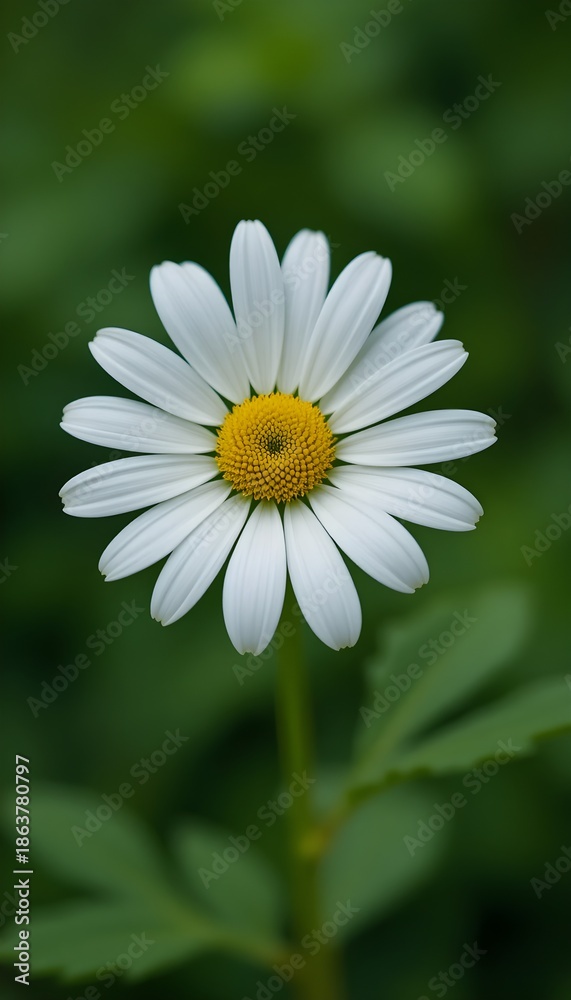 Fototapeta premium “Beautiful White Daisy Flower with Yellow Center in Full Bloom, Macro Close-Up of Fresh Chamomile or Daisy Blossom Isolated Against Soft Green Blurred Background, Spring Nature and Floral Beauty Conce