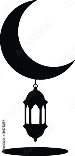 Silhouette Elegant Islamic Crescent Moon with Traditional Arabic Lantern Hanging Vector Illustration