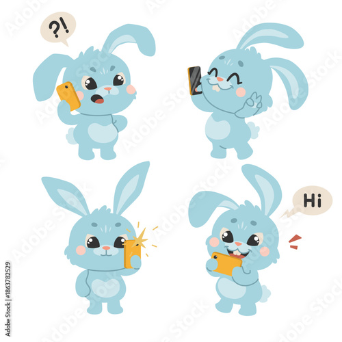 A little hare with a smartphone. Forest character uses technology for communication. The bunny chats, talks, scrolls, takes pictures, and watches videos.