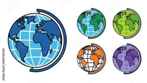 Set of Colorful Globe Icons with Different Color Schemes, Diverse Planet Earth Representations, isolated white background.hk