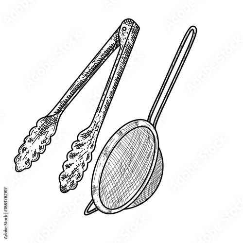 frying tools set kitchen tongs and strainer line art handdrawn vintage vector illustration