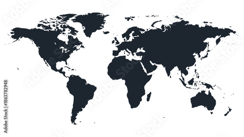 A global world map vector illustration featuring detailed continents like Europe, America, and Asia displayed on a sleek black background for modern business and geography design projects