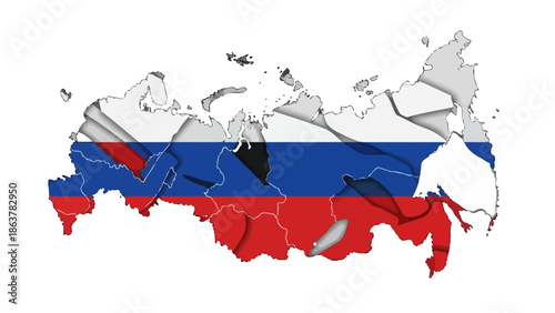 Fragmented map of Russia in national flag colors, symbolizing geopolitical division and crisis.