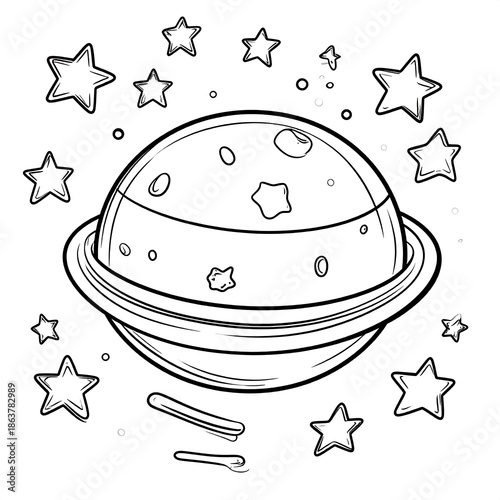 Black and white illustration of a planet with rings, surrounded by stars, with a celestial theme