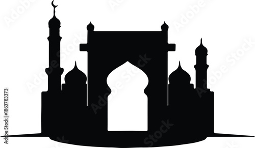 Silhouette Traditional Islamic Mosque Architecture with Minaret and Dome Religious Building Vector Illustration