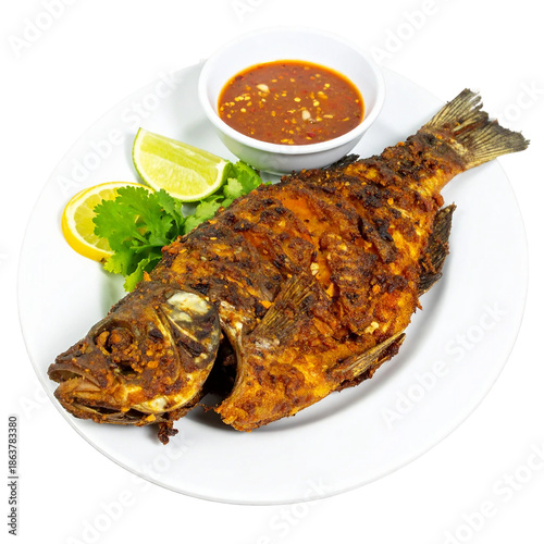 Pla Rad Prik fried fish with chili sauce, white and transparent background