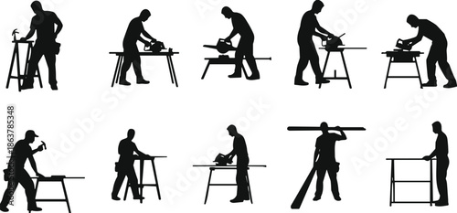 Carpenter and woodworker silhouettes set using tools and workbench construction and woodworking activities isolated on white background