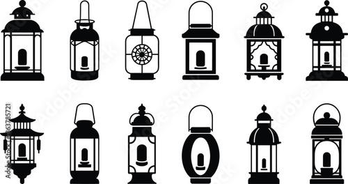 Decorative lantern silhouettes set with vintage and oriental hanging lamps isolated on white background for lighting, Ramadan, festival and decor designs