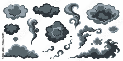 Collection of stylized dark gray smoke and cloud shapes on a white background