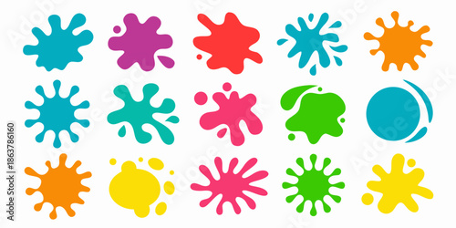 Colorful paint splatters and blobs in various shapes and vibrant hues