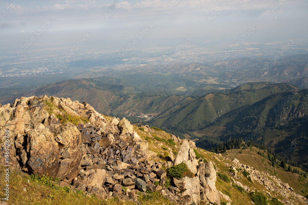 Fototapeta premium High-altitude alpine vegetation and granite rocks in the mountains of Kazakhstan. Scenic summer view of Malaya Almatinskaya Krugosvetka trekking route.