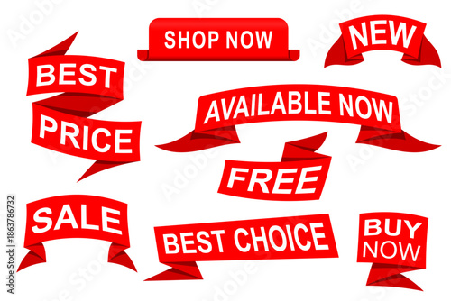 Vector set collections of vibrant red ribbons banners for promotional offers sale best price new available now free best choice buy now isolated high quality EPS file for marketing